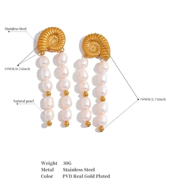 Freshwater Pearl 18K Gold Stainless Steel Waterproof Tassel Shell Earrings - Picture 7 of 15